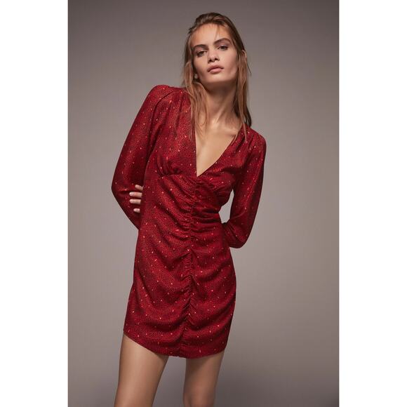 Zara Printed Rouched Long Sleeve Mini Dress - Picture 1 of 9
